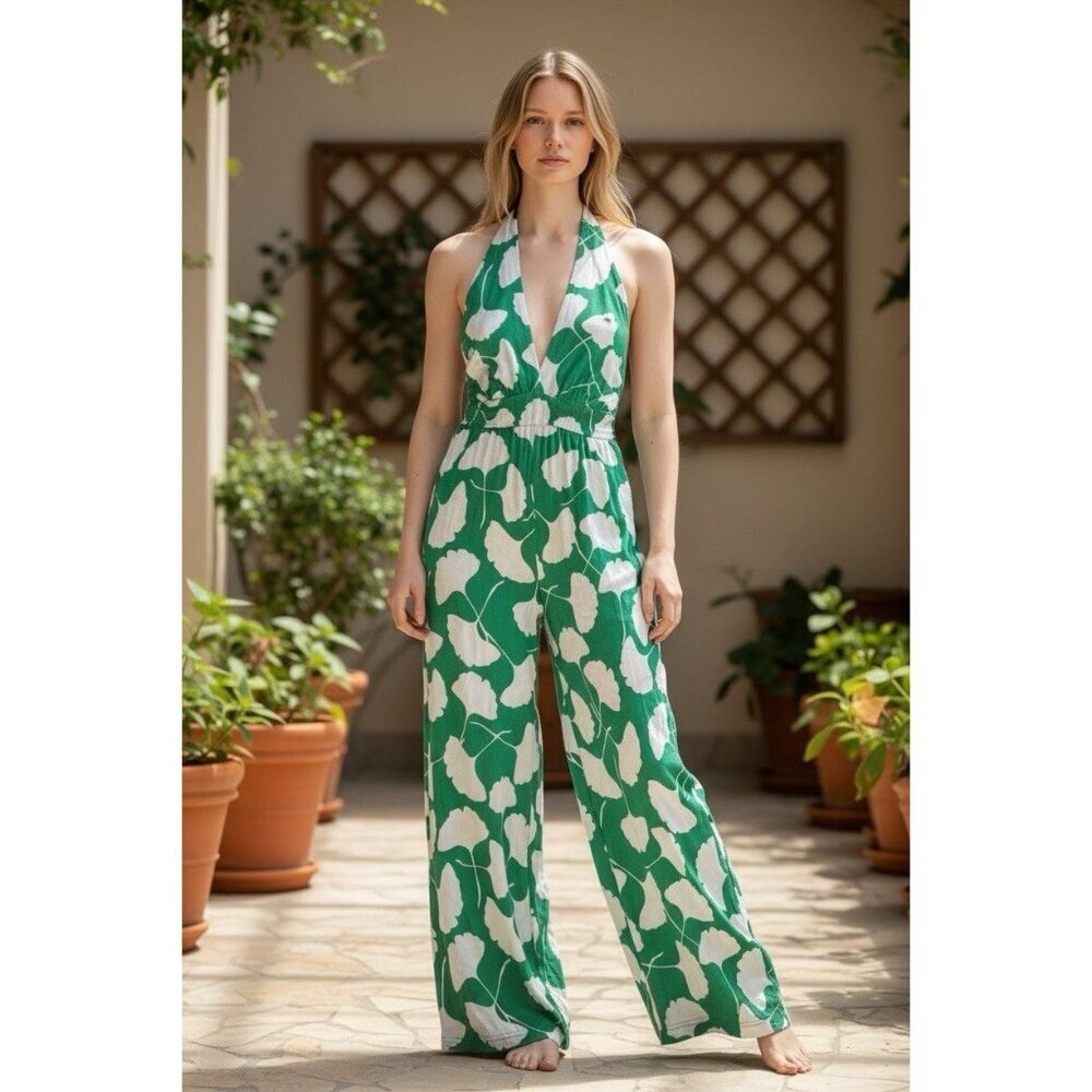 Diane von Furstenberg Halter Wide Leg Jumpsuit Green Print Womens S - Picture 1 of 5